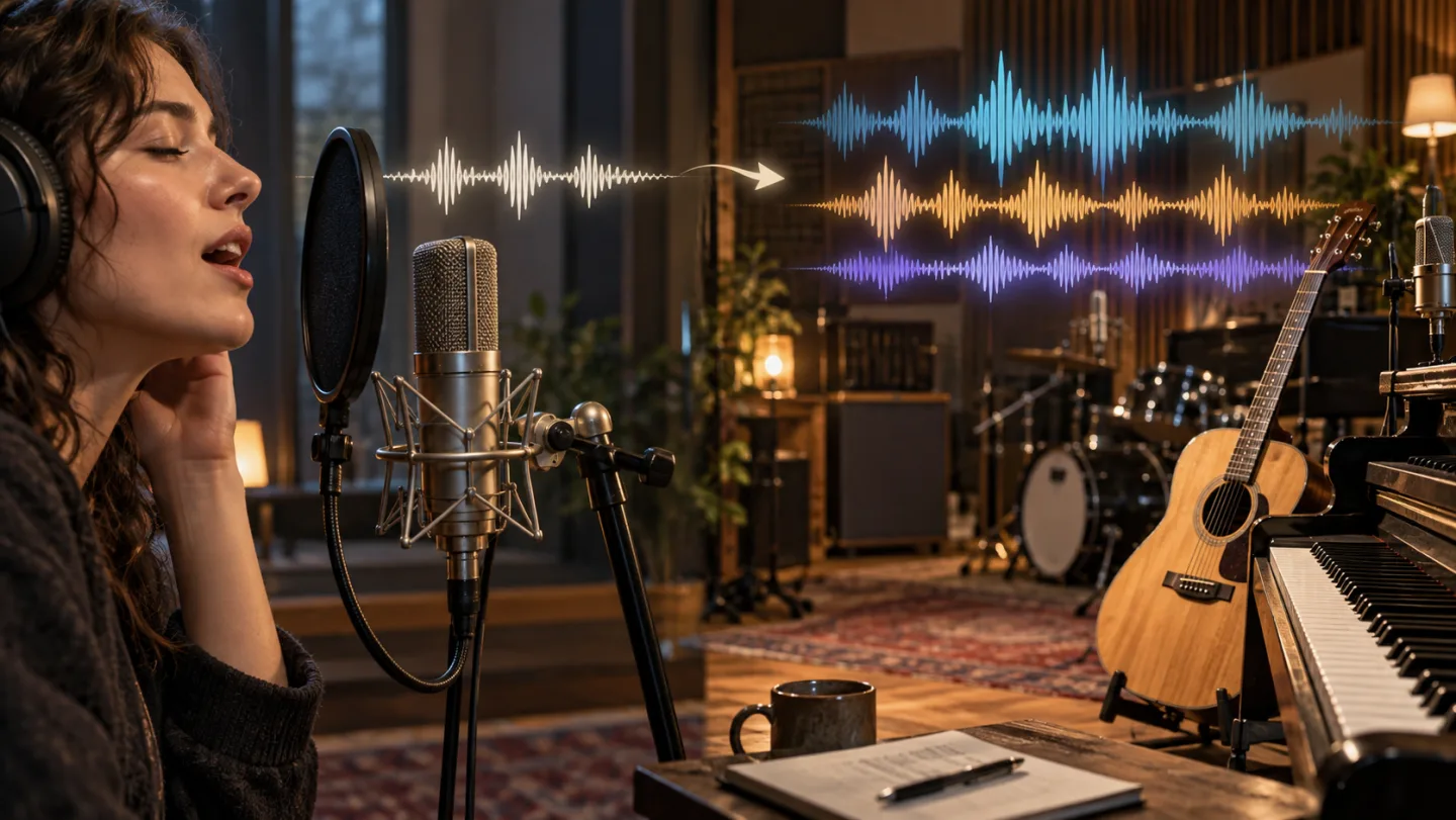 Ein Studiomikrofon und eine Gesangswellenform links, warme Klaviertasten, eine akustische Gitarre und eine rhythmische Wellenform rechts – dies suggeriert ein Arrangement, das sich um den Gesang herum entfaltet.
