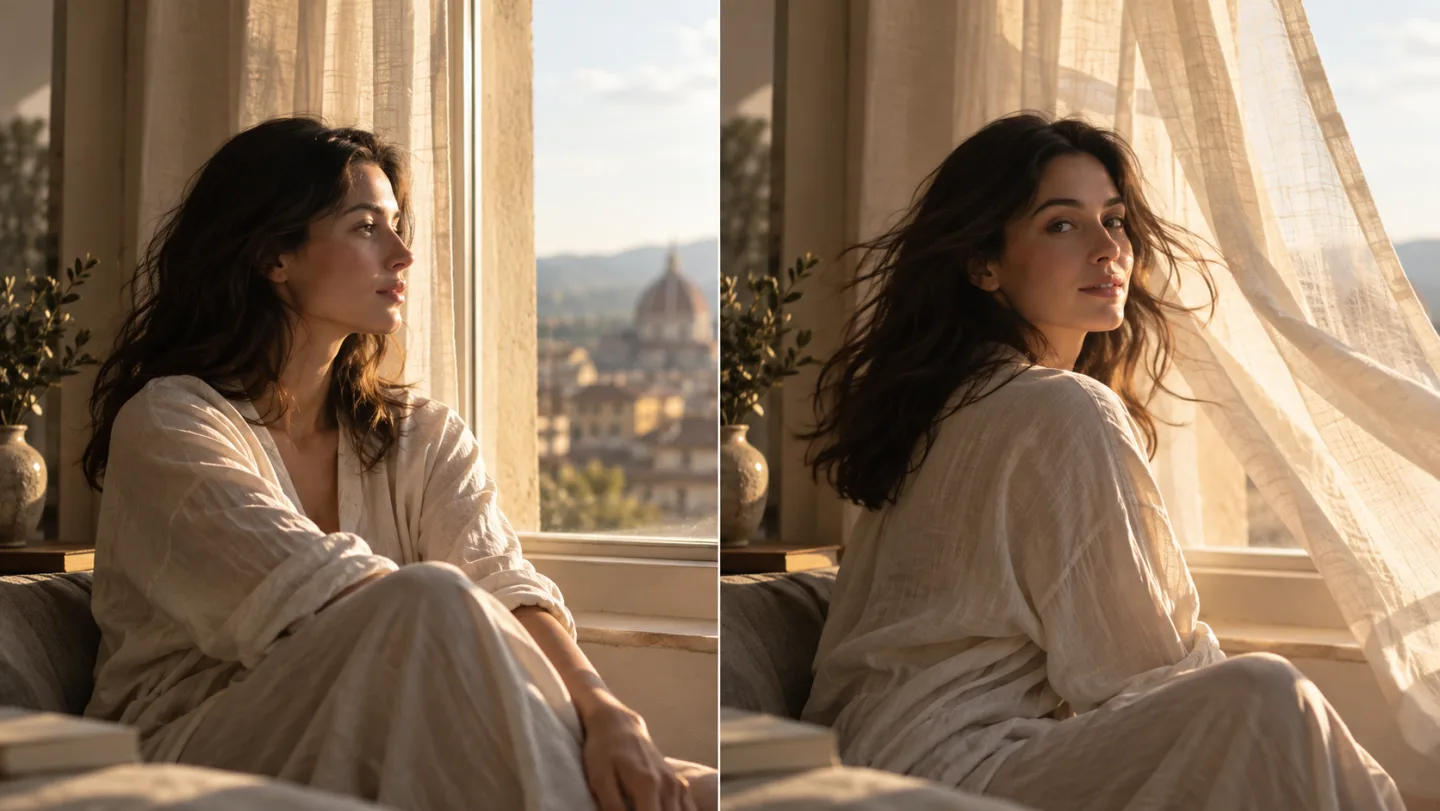 Una fotografia cinematografica di una donna accanto a una finestra con una tenda di lino, seguita da un secondo fotogramma con un lieve movimento dei capelli e della tenda, nella stessa luce calda.