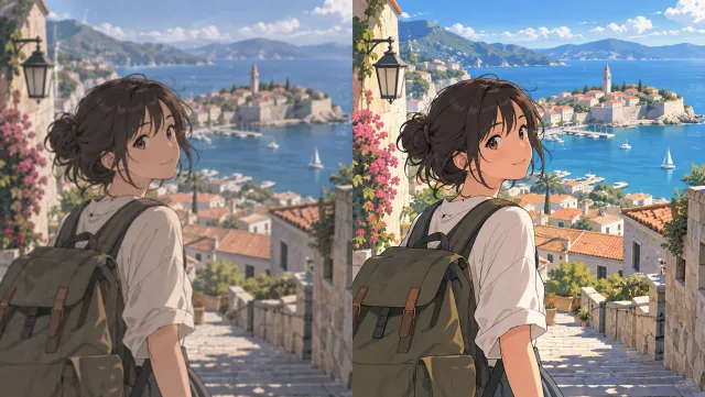 Uma cidade litorânea ilustrada originalmente com um jovem viajante, apresentada como uma imagem estática de animação suavemente compactada e uma versão mais limpa e detalhada.