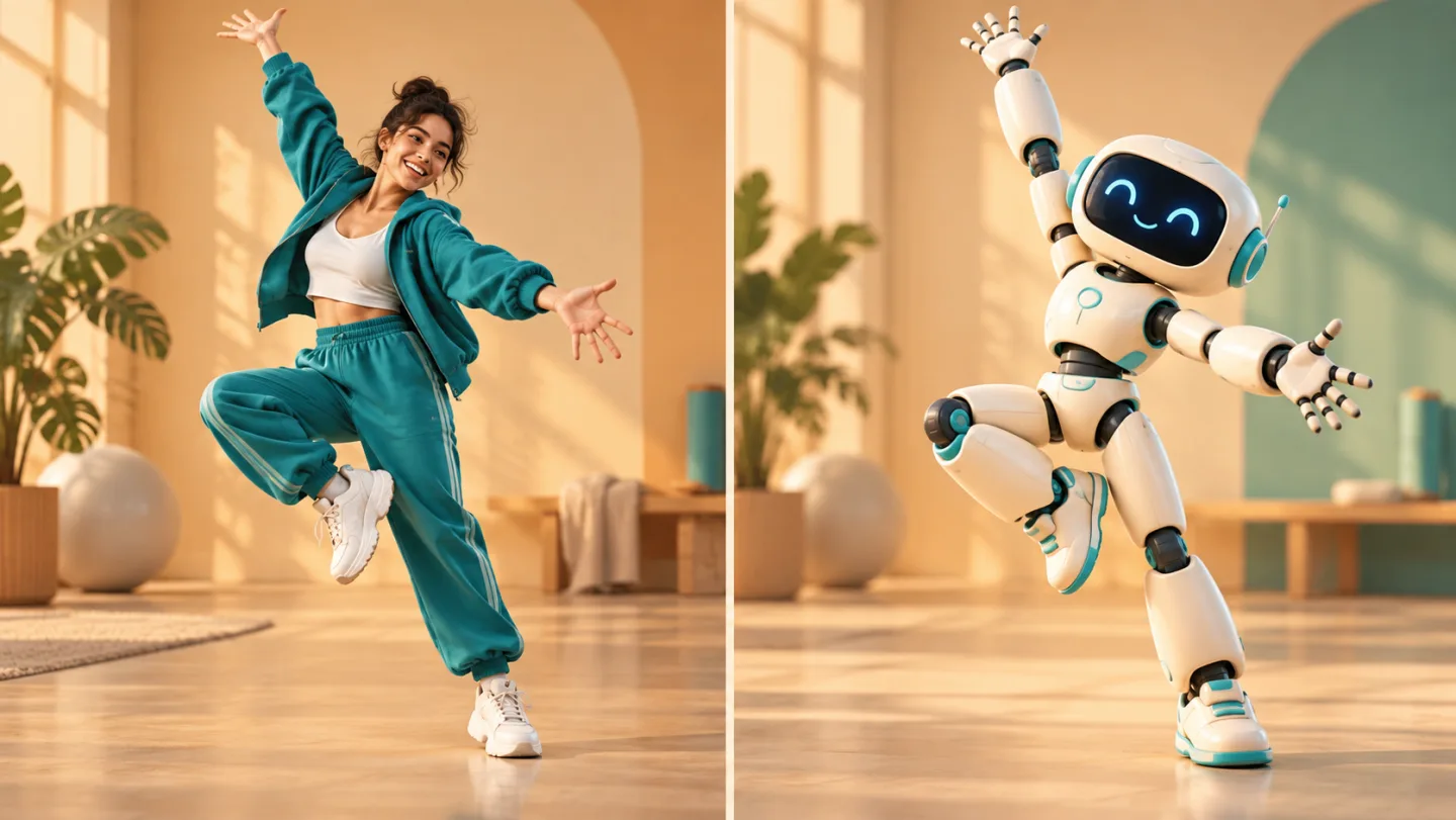 Un bailarín adulto con un chándal turquesa y un personaje robot 3D estilizado original, ambos realizando la misma pose energética de baile de cuerpo completo sobre un fondo cálido de estudio.