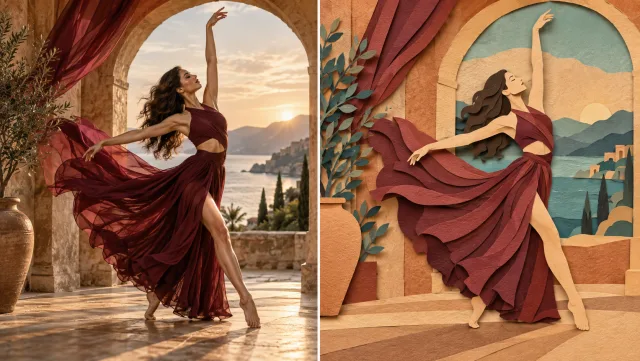 Un bailarín adulto con un fluido traje burdeos, mostrado en la misma pose que un fotograma de acción real y una interpretación animada de corte en papel con textura rica.