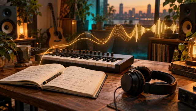 Un escritorio cálido de estudio musical con un cuaderno abierto de letras, un teclado compacto, auriculares y una onda de ambar fluida, sin texto legible.