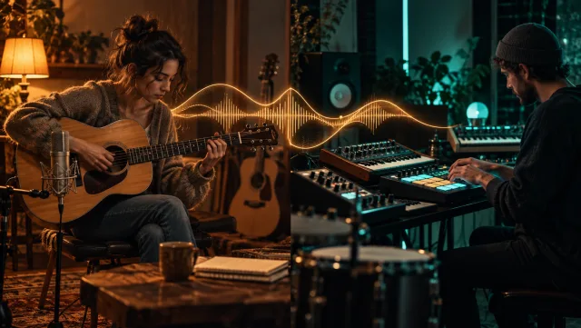 Derselbe musikalische Gedanke interpretiert einmal als intimes akustisches Studio mit Gitarre und einmal als farbenfrohes elektronisches Studio mit Synthesizer – verbunden durch eine fließende bernsteinfarbene Wellenform.