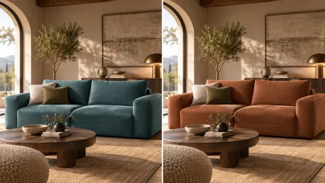 A mesma tomada cinematográfica da sala de estar, antes e depois da substituição de um sofá azul-esverdeado por um sofá terracota quente, mantendo inalterado o restante da cena.