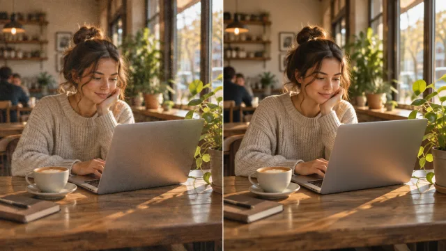 Quadro de um vídeo de um café interno acolhedor, mostrando grãos visíveis e bordas suaves à esquerda, e detalhes naturais mais limpos à direita.