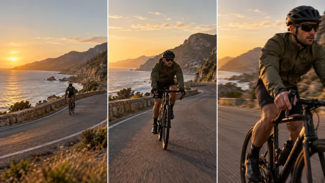 Três quadros cinematográficos de um ciclista se deslocando ao longo de uma estrada costeira, continuando naturalmente de um quadro para o próximo, durante a hora dourada.