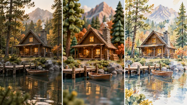 A mesma cena de uma cabana na floresta interpretada como um quadro fotográfico, uma miniatura tátil em argila e uma ilustração em aquarela, apresentadas em três painéis claros.