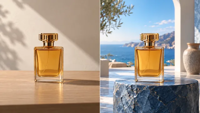 Même flacon d’eau de parfum ambre, côte à côte : à gauche, bureau et mur neutres ; à droite, socle élégant en pierre bleue dans un studio côtier baigné de soleil, flacon inchangé, sans étiquette.