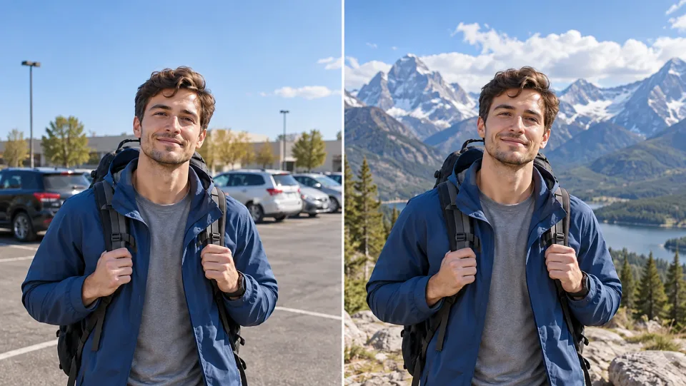 同一男性旅行者肖像（姿势相同）并排对比：左侧为普通停车场背景，右侧更换为山地景观背景，日光条件保持一致。