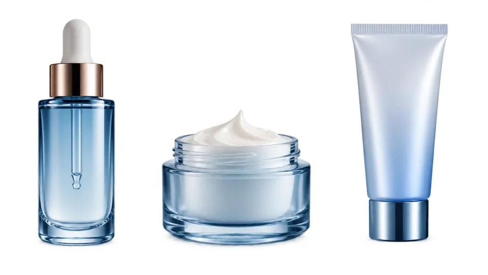 Três recipientes de cosméticos isolados com espaço entre eles sobre um tabuleiro sutil; sem logotipos ou rótulos.