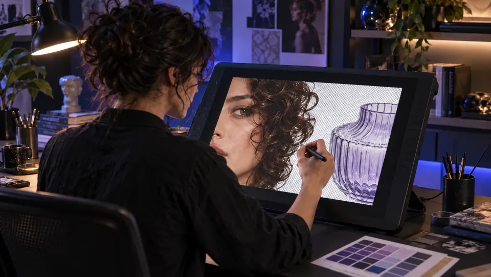 Designer gráfico utilizando um stylus para refinar bordas detalhadas da máscara ao redor de cabelos cacheados e vidro translúcido.