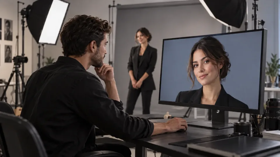 Profissional de retratos analisando uma foto de rosto polida em um monitor de estúdio, enquanto o sujeito permanece próximo ao fundo.
