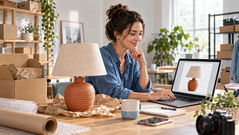 Proprietário de loja online preparando uma listagem de uma luminária de mesa em terracota enquanto revisa seu recorte limpo, sem fundo, em um laptop.