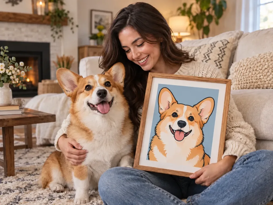 一位宠物主人在温馨的家中展示一幅活泼的插画风格狗狗肖像