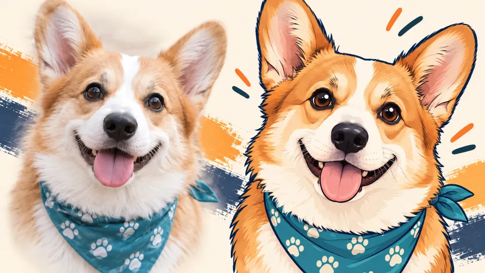 一只柯基犬照片被转化为一幅温暖风格的卡通肖像，佩戴一条青绿色方巾