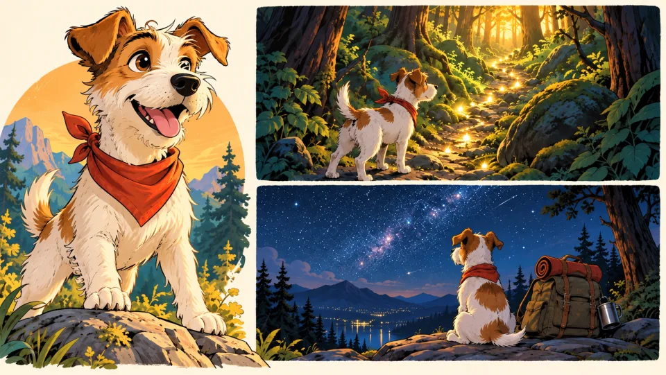 一只梗犬风格的卡通角色，以及两张插画风格的冒险分镜面板