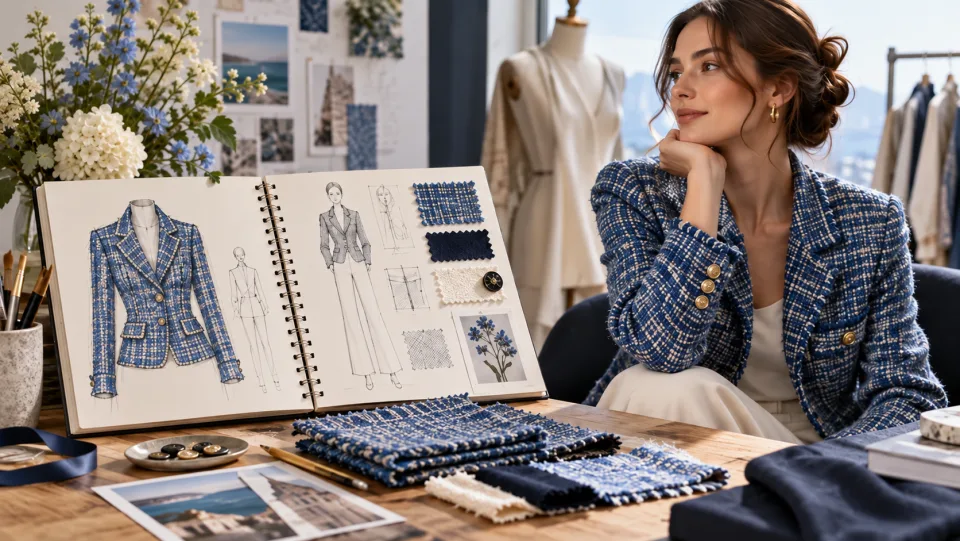 Carnet de croquis de styliste mode à côté d’une photographie d’une femme entièrement habillée portant une veste en tweed bleu texturé, accompagnée d’échantillons de tissu.