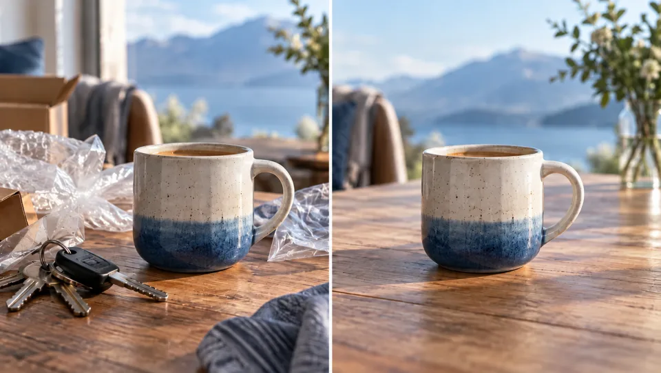 並列表示:テーブル上のセラミック製コーヒーマグカップ;左側には邪魔になる鍵とプラスチック製のパッケージがあり、右側にはマグカップと自然なテーブルトップのみが表示されています。
