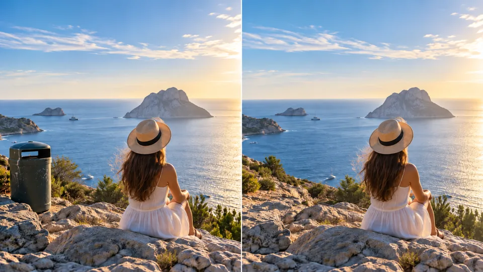 並列表示:海岸を背景に後ろ姿で立つ女性の美しい写真;左側には画面端に迷い込んだゴミ箱が写り込み、右側ではゴミ箱が除去され、遮られることのない海景色が広がっています。