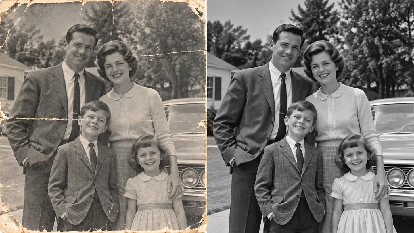Foto familiare in bianco e nero fittizia degli anni ’60, mostrata a confronto: a sinistra, pieghe, graffi e sbiadimento; a destra, versione delicatamente ripristinata, nitida in bianco e nero, con le stesse persone e lo stesso inquadratura, senza colorizzazione.