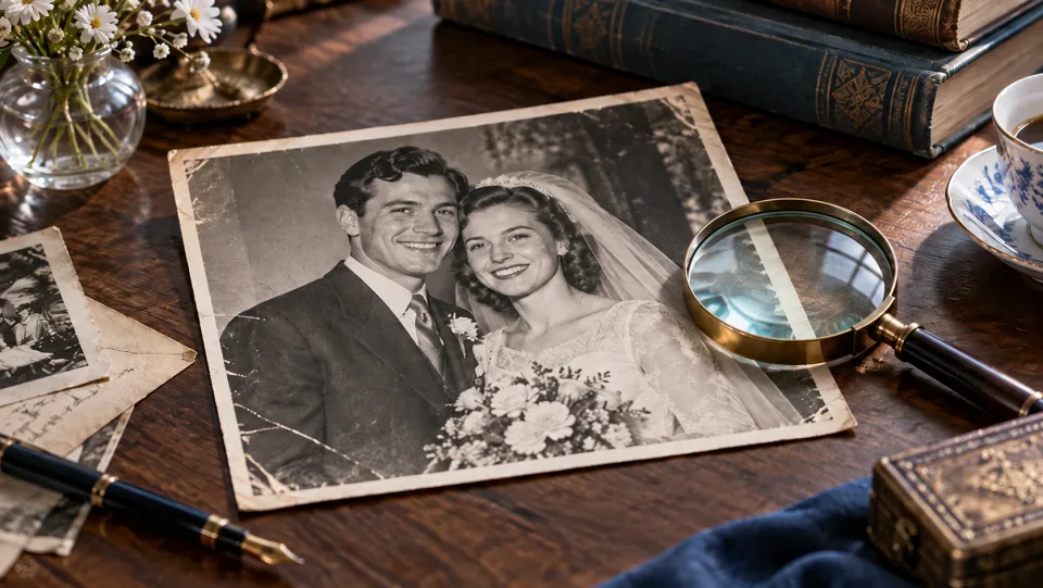 Fotografia vintage in bianco e nero di un matrimonio, delicatamente riparata, stampa d’archivio posata su una scrivania accanto a una lente d’ingrandimento.