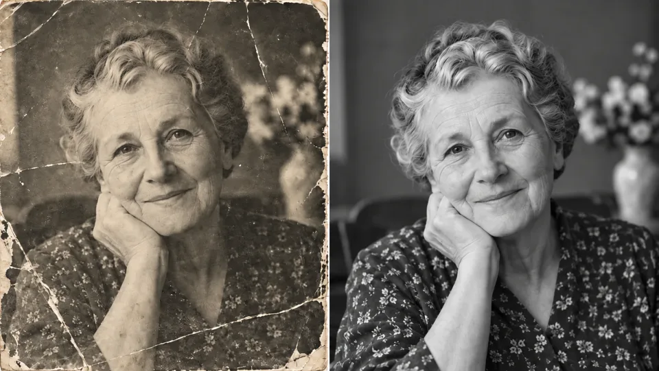 Ritratto in bianco e nero di una nonna, affiancato: a sinistra è sbiadito e graffiato; a destra è stato ripristinato preservando autenticamente le rughe dovute all’età.