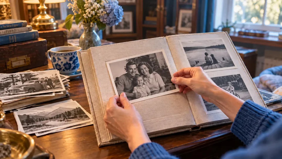 Mani che inseriscono foto di famiglia in bianco e nero ripristinate in un album di lino, in una calda stanza d’archivio.