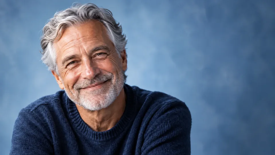 Close portrait of an older smiling man with detailed gray hair and wrinkles, refined exposure natural skin, soft blue studio background.