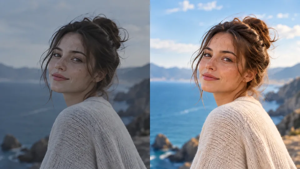 Same woman portrait side-by-side dull exposure then balanced natural color, freckles retained, no extreme beauty makeover.