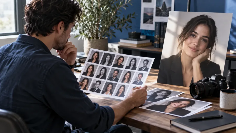 Photographer reviewing natural editorial headshots on desk with blue accents, contact sheet and softly lit portrait print.