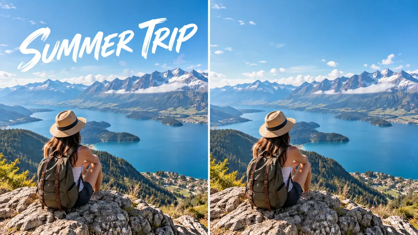Immagine di un paesaggio di viaggio identico affiancato: a sinistra, grandi parole sovrapposte «SUMMER TRIP» sul cielo; a destra, le parole rimosse, lasciando intatti cielo e montagna.
