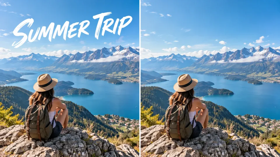 Foto identica di un paesaggio di viaggio mostrata a confronto: a sinistra, parole sovrapposte di grandi dimensioni “SUMMER TRIP” sul cielo; a destra, le parole sono state rimosse, lasciando inalterati cielo e montagna.