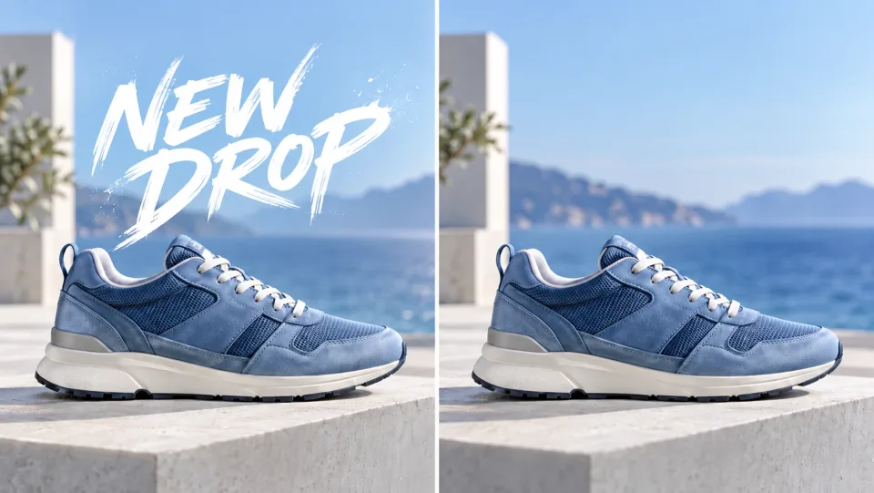 Foto identica di una scarpa blu con didascalia promozionale sovrapposta “NEW DROP”, mostrata a confronto con la stessa scarpa pulita, senza alcuna modifica alle etichette presenti sul prodotto.