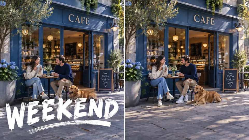 Foto identica di un caffè mostrata a confronto: a sinistra, didascalia digitale “WEEKEND” sulla porzione inferiore dell’immagine; a destra, il caffè è pulito, ma l’insegna reale sulla vetrina (“CAFE”) è stata preservata.