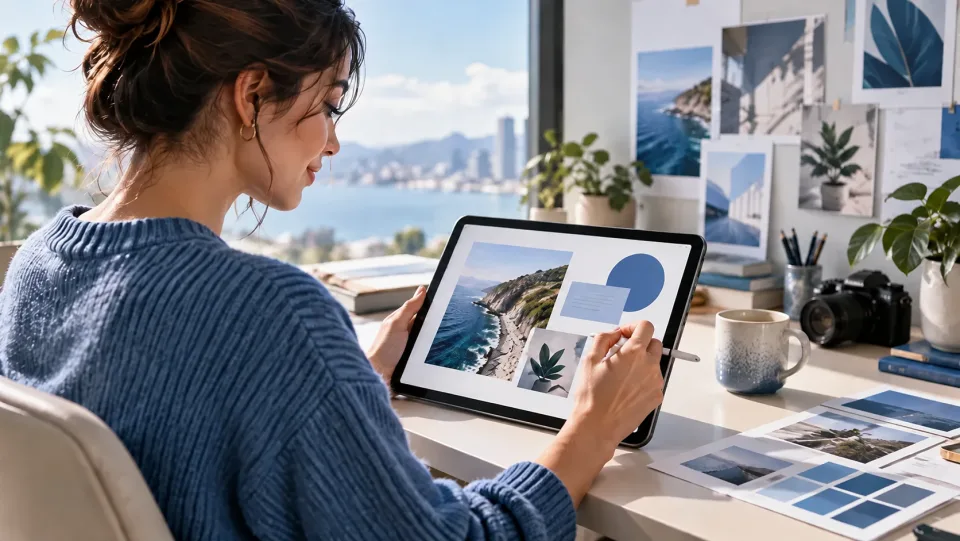 Un designer di contenuti social che dispone su un tablet una foto pulita e blocchi di tipografia separati, con accenti blu e nessun testo effettivamente leggibile.