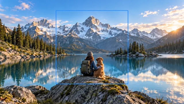 一幅宽幅高山湖泊场景，中央用细蓝色矩形标出原始正方形照片区域，自然的山脉与湖水在其左右两侧无缝延续。