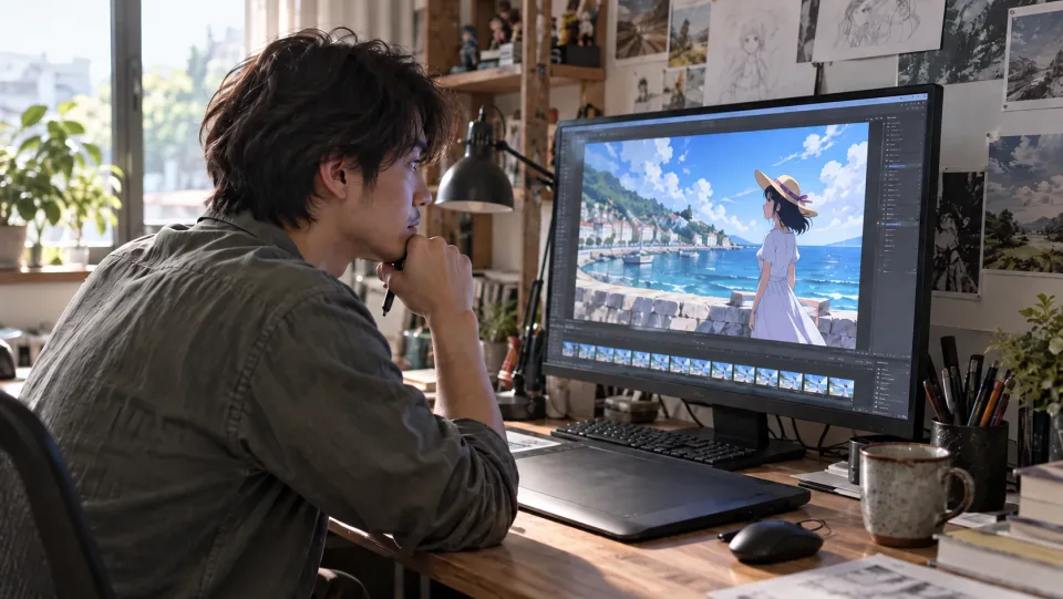Um editor de anime revisando uma cena costeira em um monitor.