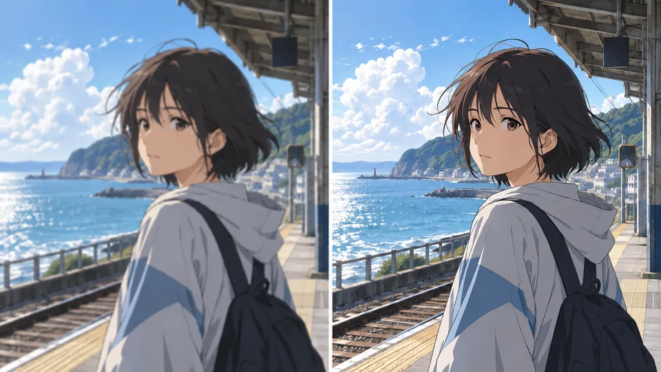 Uma garota de anime em uma estação à beira-mar, comparação entre quadros desfocados e nítidos.