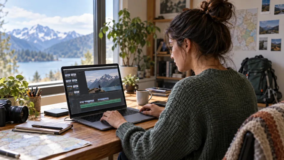 Um criador editando um vídeo de montanha em um laptop.