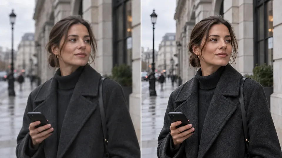 Uma mulher com casaco escuro em uma rua urbana, comparação de clareza antes e depois.