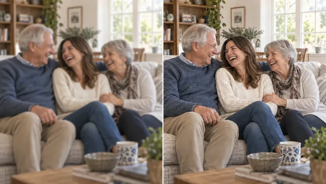 Una famiglia seduta insieme, confrontata in fotogrammi video morbidi e più nitidi.