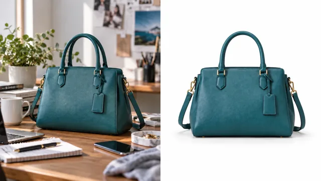 Sac à main turquoise identique, affiché côte à côte : d’abord posé sur un bureau en désordre, puis centré sur un fond studio blanc pur avec une légère ombre de contact, détails matériels précis.