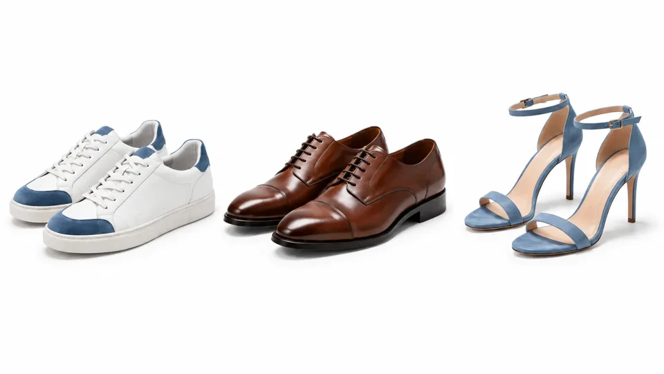 Arranjo minimalista de catálogo com três pares de sapatos fotografados separadamente contra fundo branco puro, sob iluminação suave e consistente.